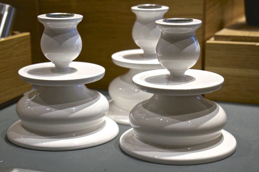 Beautiful white cermaic candlesticks (Vasa Museum Gift Shop, Stockholm, Sweden).
